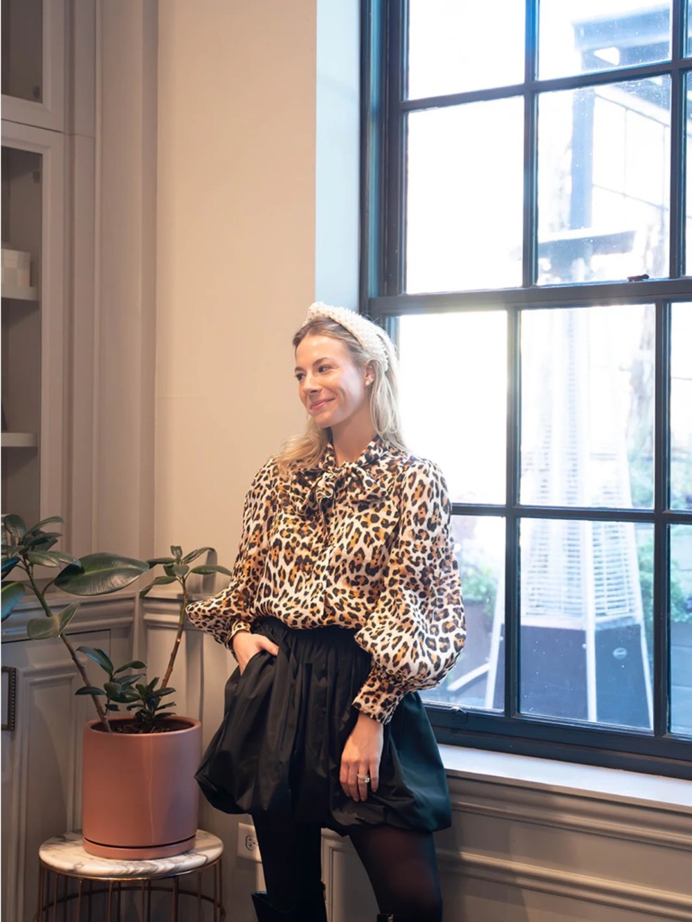 Hunter Bell Leopard Print Bow Blouse in Brown & Black